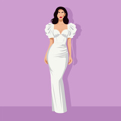 Vector fashion illustration of a young beautiful bride with an abstract face in an elegant white floor-length dress with voluminous sleeves.

