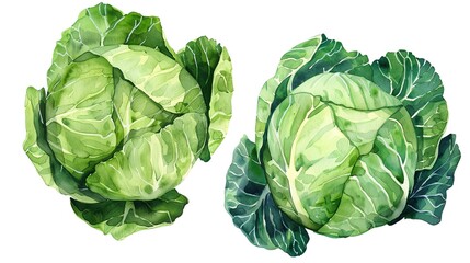 Fototapeta premium two fresh cabbage heads clipart, watercolor image, green vegetables, translucent background, Generative AI.