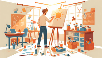 Flat Vector Illustration: Painter at Easel in Sunlit Studio Surrounded by Creativity - Candid Daily Work Routine