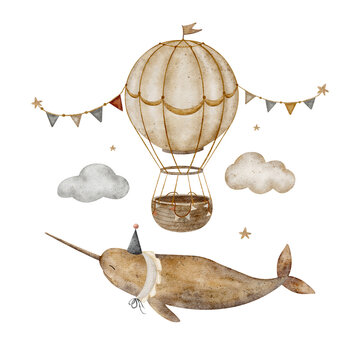 recommend clip art: Whale narwhal vintage flying in sky with air balloon, clouds watercolor illustration for baby room poster, nursery décor, card, shoppers, dishes, stickers 