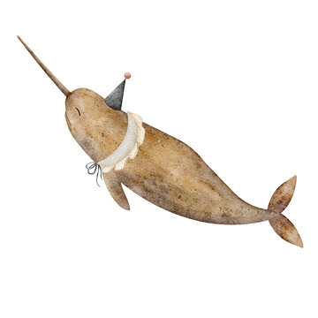 recommend clip art: Vintage whale narwhal in party cap, collar. Children's lllustration in watercolor technique for cards, posters, clothing, shoppers, dishes, stickers
