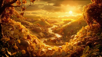 A surreal cheese landscape bathed in the golden glow of sunset, evoking a dreamlike feast.