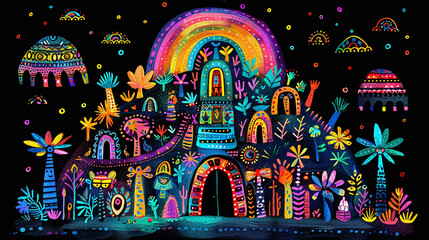 psychedelic colorful illustration of mountain or pyramid in ancient traditional mexican art style, mayan paintings