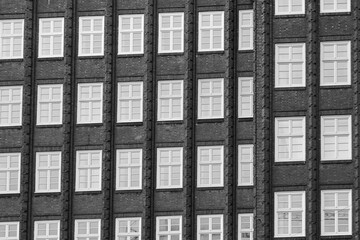 A black and white shot of symmetrical architecture in Hamburg, Germany