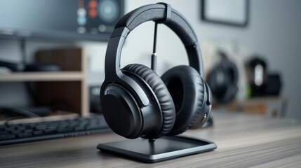 A pair of headphones sits on a stand on a desk. The headphones are black and appear to be a high-end model. The desk is cluttered with various items, including a keyboard, a mouse, and a few books