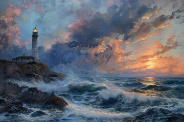 A painting of a lighthouse on a rocky shore with a stormy sea and a sunset in the background - obrazy, fototapety, plakaty
