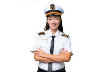 Airplane pilot Asian woman over isolated background keeping the arms crossed in frontal position