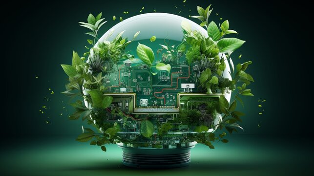 Paper-cut style globe featuring green leaves with digital circuit patterns, symbolizing green tech