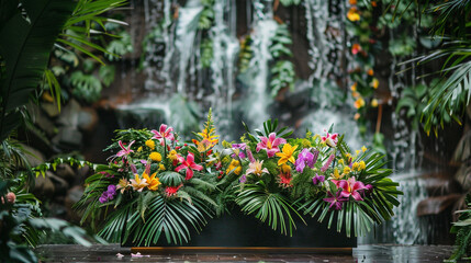 Fototapeta na wymiar A podium adorned with lush greenery and vibrant flowers, set against a backdrop of cascading waterfalls, exuding a sense of serenity and harmony.