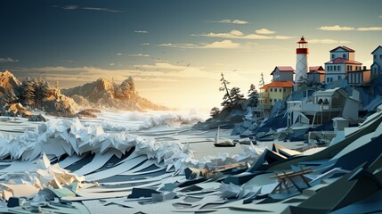 Paper-cut style illustration of a storm-damaged coastal town, realistic 3D look, minimalist, super blurred seaside background, - obrazy, fototapety, plakaty