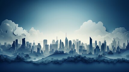Paper-cut style illustration of smoggy city skylines, realistic 3D look, minimalist, super blurred urban background,