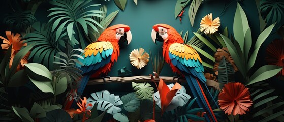 Paper-cut style illustration of tropical birds in a rainforest, realistic 3D minimalist design,