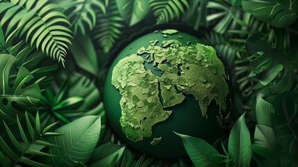 Realistic and detailed green leaf globe, 3D paper-cut style, with shadows hinting at deforestation issues - obrazy, fototapety, plakaty