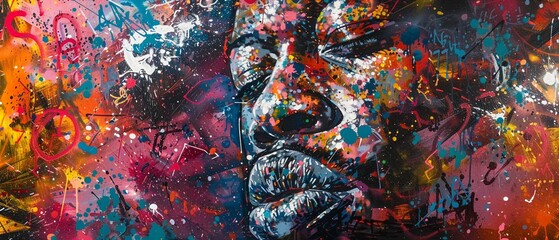 Abstract jazz melody, vibrant graffiti strokes, soulful portrait in splatter paint