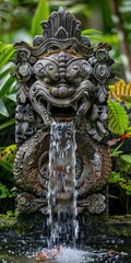 Obraz premium An intricately carved gargoyle fountain, spewing water amidst lush greenery, suitable for thematic landscaping design or as a mystical feature in fantasy content.