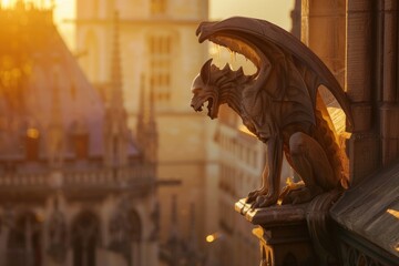 A creative photo of a gargoyle sculpture at sunset with the golden light illuminating its features, perfect for artistic photography collections or evocative travel brochures.