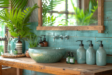 modern bathroom setting with natural wood accents, houseplants, and spa-like amenities