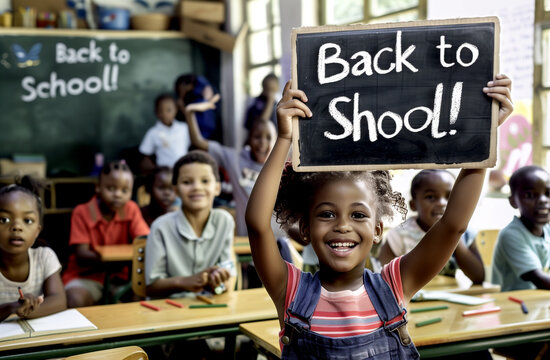 A happy elementary school student is holding a board with the back-to-school text on it
