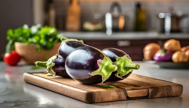 A selection of fresh vegetable: aubergines, sitting on a chopping board against blurred kitchen background; copy space