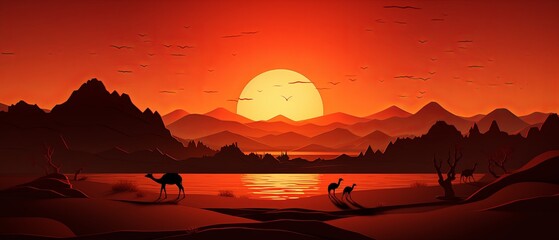 Realistic paper-cut depiction of camels in a desert landscape at sunset, minimalist 3D style,