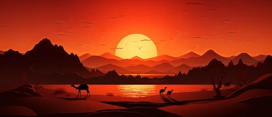 Foto op Canvas Realistic paper-cut depiction of camels in a desert landscape at sunset, minimalist 3D style, © Anuwat