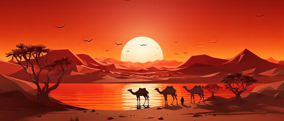 Realistic paper-cut depiction of camels in a desert landscape at sunset, minimalist 3D style,
