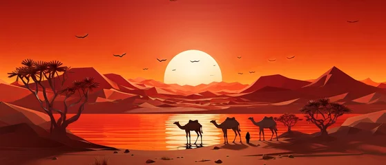 Foto op Plexiglas anti-reflex Vermiljoen Realistic paper-cut depiction of camels in a desert landscape at sunset, minimalist 3D style,