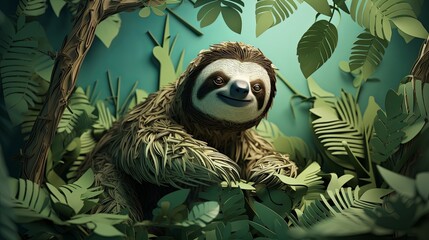 Realistic paper-cut illustration of a sloth hanging from a tree branch, minimalist 3D-rendered jungle background, - obrazy, fototapety, plakaty