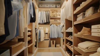 A spacious walk-in closet with built-in shelves,  hanging rods,  and shoe racks,  neatly organized with clothing,  accessories,  and storage bins
