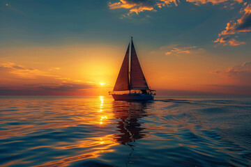 Sailboat sailing in ocean at sunset. Sea voyage