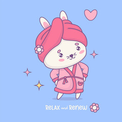 Cute bunny in pink bathrobe and with towel on his head after bath time. Funny cartoon kawaii character animal. Vector illustration. Kids collection.