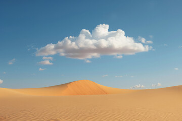 Fototapeta na wymiar Lone cloud floats in clear sky above sand dune, Minimalistic desert landscape
