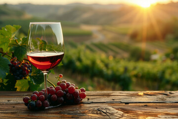 Glass of red wine and fresh grapes on wooden table with vineyard in background