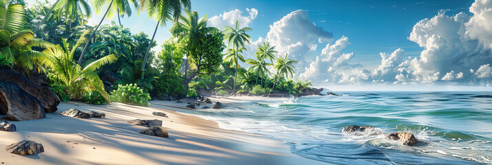 Tranquil Beach Morning with Soft Waves and Palm Tree Silhouettes, Sunny Coastal Scene, Ideal for Relaxation