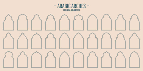 Islamic frames, oriental style objects. Arabic shapes, windows and arches. Traditional ornamental banner, frame. Muslim holidays, Ramadan Kareem. Modern eastern architecture. Vector illustration