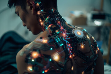 Man with chip installed in his body. Bioengineering technology. Neural connection person to computer