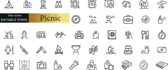 Summer Outdoor Recreation and Picnic vector line icon set. Contains linear outline icons like Campfire, Table, Camping, Grill, Food, Bbq, Hamburger, Blanket, Drink, Hiking. Editable use and stroke