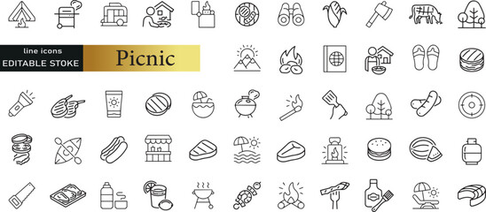 Summer Outdoor Recreation and Picnic vector line icon set. Contains linear outline icons like Campfire, Table, Camping, Grill, Food, Bbq, Hamburger, Blanket, Drink, Hiking. Editable use and stroke