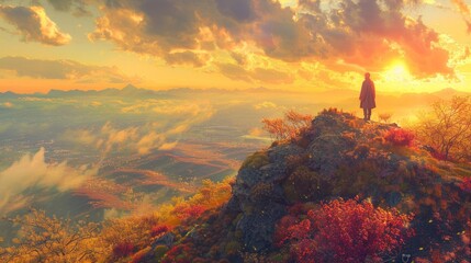 Person on Hilltop Embracing Sunlight and Wellbeing - obrazy, fototapety, plakaty
