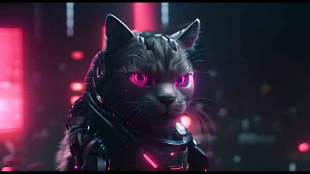 Anthropomorphic fantasy cat in cyborg armor. Fantastic android kitten in cyberpunk style. Technology and future concept.