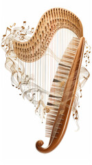 Elegant harp surrounded by floating musical notes, ideal for orchestral music advertising or...