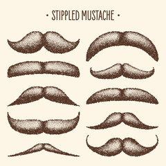Brown stippled vintage mustache. Curly facial hair. Hipster beard. Stippling, dot drawing and shading, stipple pattern, halftone effect. Vector illustration