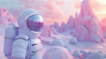 A futuristic character wearing a technologically advanced nutraceutical capsule suit, standing out in a soft pastel landscape - obrazy, fototapety, plakaty