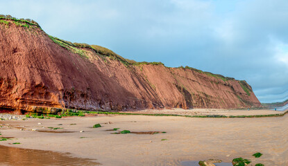 Jurassic strata panorama image of  cliffs between Exmouth and Budleigh Salterton. Sandstone with...