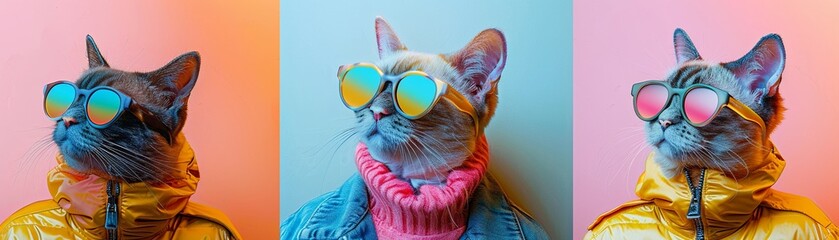 A whimsical cat rapper with a colorful personality and lively spirit, set against a soft pastel backdrop - obrazy, fototapety, plakaty
