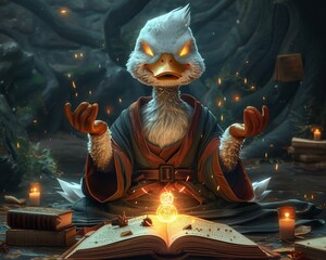 An enigmatic duck magician meditating on ancient incantations within a glowing spell book, set against a dark magical atmosphere