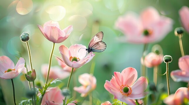 In the soft light of a spring morning, delicate pink anemone flowers bloom gracefully amidst nature's tranquility, accompanied by the gentle fluttering of a butterfly against a soft green backdrop. 