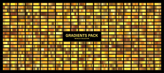 Golden glossy gradient, gold metal foil texture. Color swatch set. Collection of high quality gradients. Shiny metallic background. Design element. Vector illustration