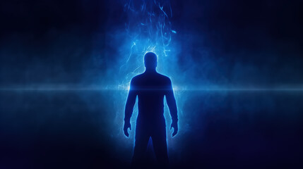Shining blue light surrounding the person. Silhouette of a man on dark background, with blue electrical energy glowing around the body. Biofield, aura, energy field concepts.