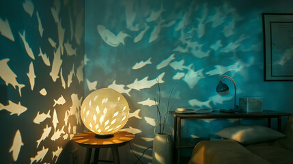 Serene bedroom scene with ocean-themed light projection, ideal for interior design promotions or...
